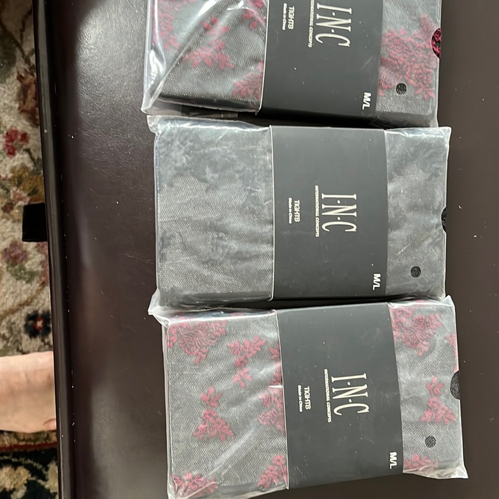 Bundle 3 pairs of m|l tights - 2 black with burgundy flower 1 pair black flowers